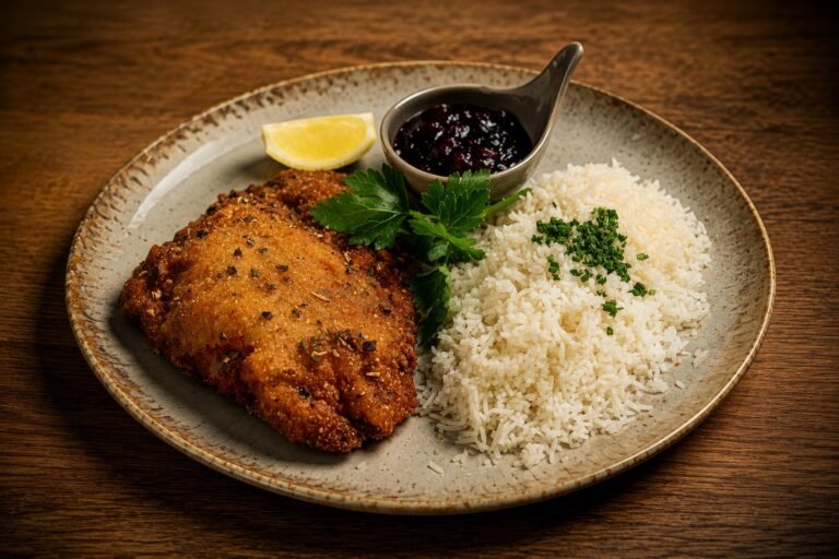 Cordon bleu mit Reis, Zitrone und Preiselbeeren auf einem Steingutteller