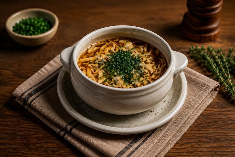 Frittatensuppe mit Schnittlauch in einer weißen Suppentasse