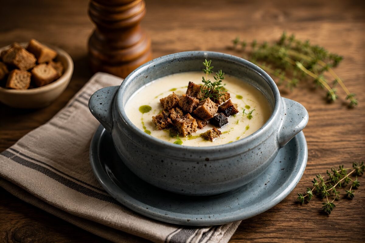 Kürbiscremesuppe mit Croûtons und Kürbiskernöl