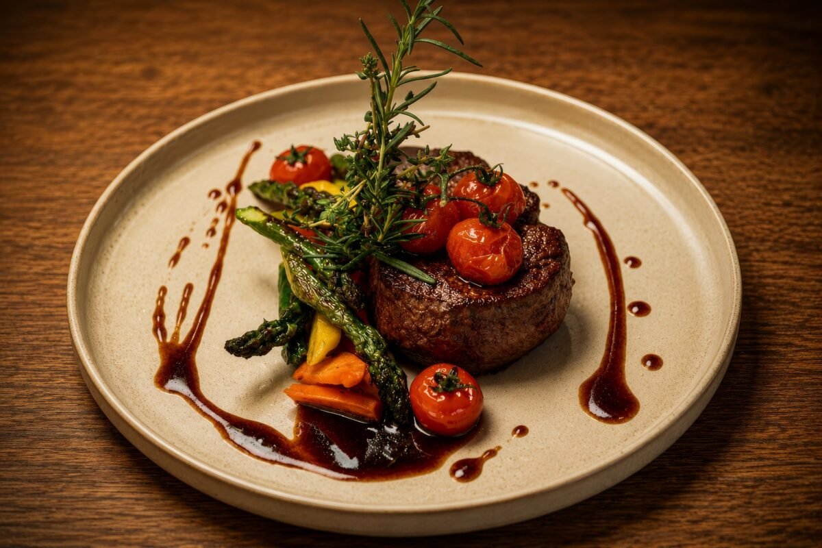 Steak mit Gemüse, Kirschtomaten und Jus auf hellem Teller